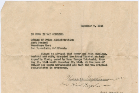 Letter from Henry Engelman to Office of Price Administration (ddr-densho-410-582)