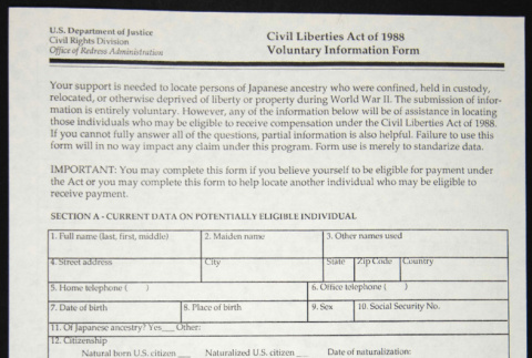 Civil Liberties Act Voluntary Information Form (ddr-chijacl-1-156)