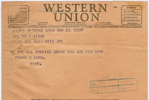 Telegram from Frank Iino to Bill Iino (ddr-densho-368-643)