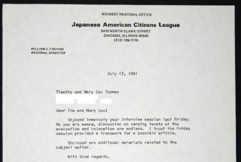 Letter to Timothy and Mary Lou Tuomey from Bill Yoshino (ddr-chijacl-1-609)