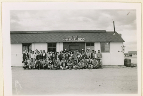 Large group outside a ship model shop (ddr-densho-37-1262)