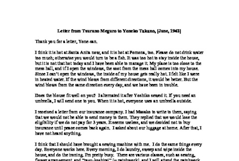 Letter from Tsuruno Meguro to Yoneko Takano, June 1942, English translation (ddr-csujad-42-51)
