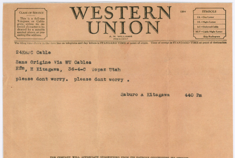 Telegram from Saburo Kitagawa to his parents (ddr-densho-539-71)
