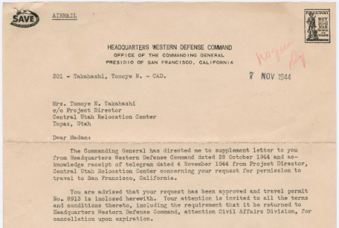Letter to Tomoye Takahashi from Western Defense Command Headquarters (ddr-densho-410-9)