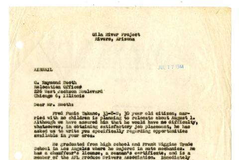 Letter from Firman H. Brown, Deputy Project Director, to G. Raymond Booth, Relocation Officer, July 17, 1944 (ddr-csujad-42-95)
