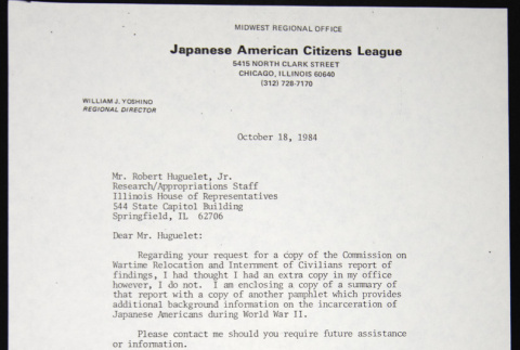 Letter to Robert Huguelet from William Yoshino (ddr-chijacl-1-701)