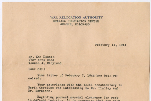 Letter to Kaneji Domoto from W.J. Hanson (ddr-densho-329-1005)