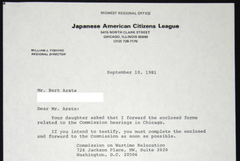 Letter to Bert Arata from William Yoshino (ddr-chijacl-1-568)