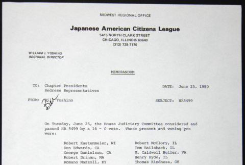 Memo to Chapter Presidents from Bill Yoshino (ddr-chijacl-1-198)