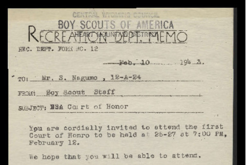 Memo from Boy Scout staff, Boy Scouts of America, Heart Mountain District, to Mr. Shoji Nagumo, February 10, 1943 (ddr-csujad-55-685)