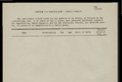 Request for repatriation: family summary (ddr-csujad-55-186)