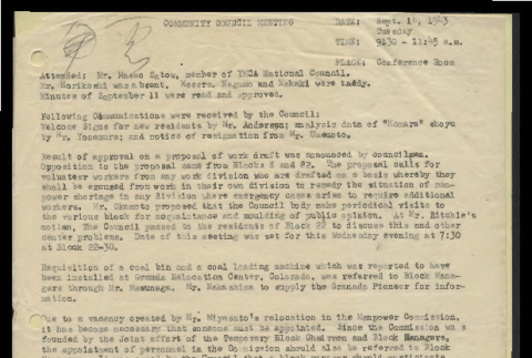 Minutes from the Heart Mountain Community Council meeting, September 14, 1943 (ddr-csujad-55-471)