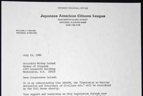 Letter to Mickey Leland from William Yoshino (ddr-chijacl-1-316)