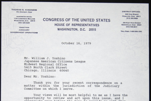 Letter to William Yoshino from Thomas Kindness (ddr-chijacl-1-408)