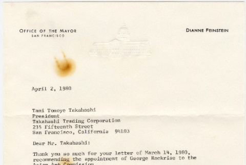 Letter from SF Mayor Diane Feinstein to Tomoye Takahashi (ddr-densho-422-95)