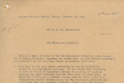 Press release from the Office of War Information, War Relocation Authority, regarding segregation (ddr-densho-156-135)