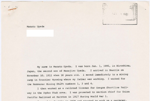 Testimony of Masato Uyeda to Commission on Wartime Relocation and Internment (CWRIC) (ddr-densho-122-294)