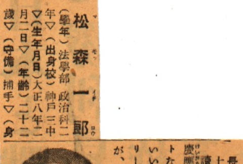 Photograph and short article regarding Keio baseball player (ddr-njpa-4-915)
