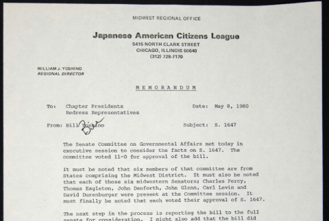 Memo to Chapter Presidents and Redress Representatives from Bill Yoshino (ddr-chijacl-1-465)