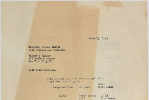 Letter from Takahashis to Phyllis Lee Schwalbe, Editor Harper's Bazaar (ddr-densho-424-757)