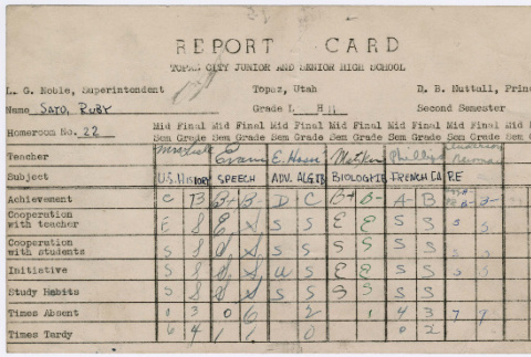 Report Card for Ruby Sato, Second Semester 1944, Topaz High School (ddr-densho-484-15)