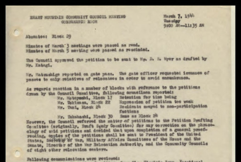 Minutes from the Heart Mountain Community Council meeting, March 7, 1944 (ddr-csujad-55-535)