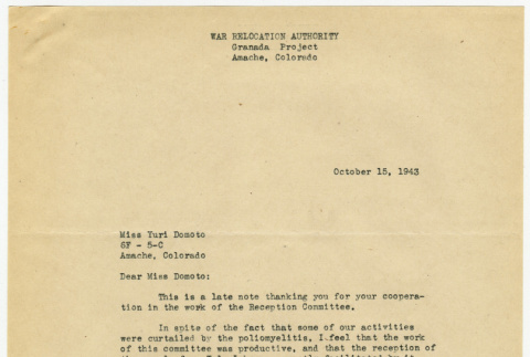 Letter to Yuri Domoto from John J. O. Moore (ddr-densho-356-856)