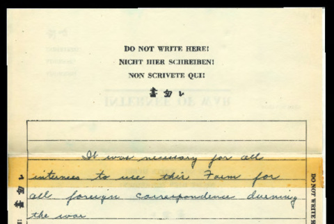 Correspondence form used by internees at Crystal City Department of Justice Internment Camp (ddr-csujad-55-1489)