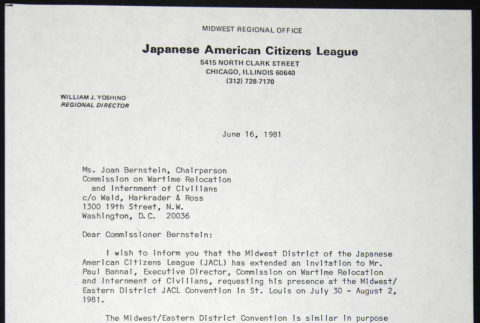 Letter to Joan Bernstein from William Yoshino (ddr-chijacl-1-624)