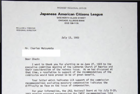Letter to Charles Matsumoto from Bill Yoshino (ddr-chijacl-1-761)