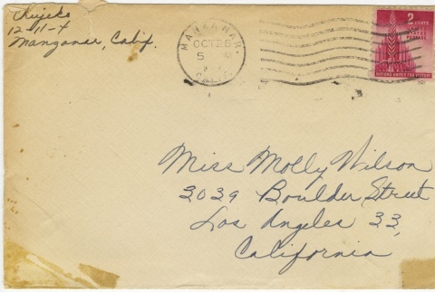 Letter (with envelope) to Molly Wilson from Chiyeko Akahoshi (October 25, 1943) (ddr-janm-1-107)