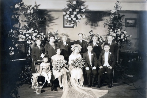 Group portrait of wedding party for Haruo Hashiguchi and Takako Nogaki (ddr-densho-474-186)