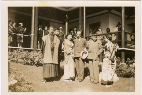 Group standing in front of Japanese Pavilion at Golden Gate International Exposition (ddr-densho-426-1967)