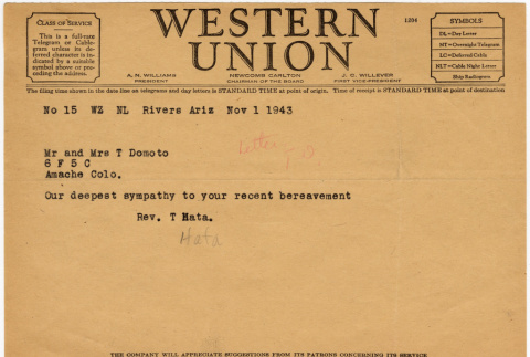 Western Union Telegram to Mr. & Mrs. T. Domoto from Rev. T. Hata (ddr-densho-329-674)