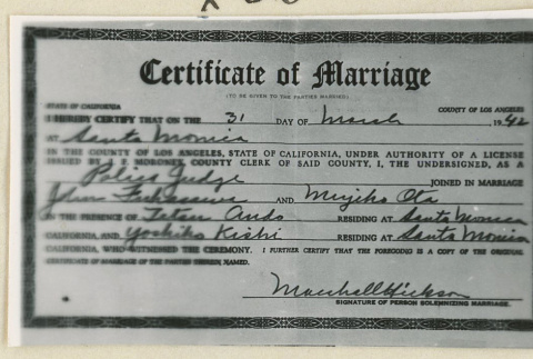 John Fukasawa and Miyeko Ota marriage certificate (ddr-densho-37-1665)