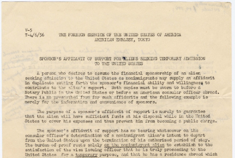 Draft of Affidavit of Support for Support of Aliens Seeking Temporary Admission to the United States (ddr-densho-422-414)
