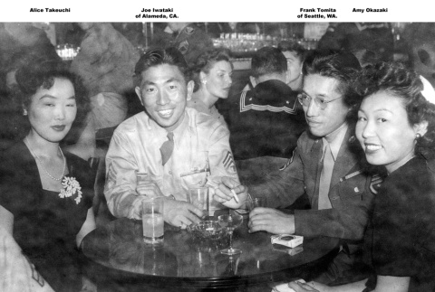 Joe Iwataki with two women and man at night club (ddr-ajah-2-825)