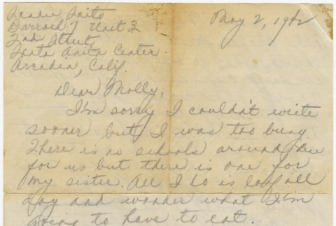 Letter to Molly Wilson from Sandie Saito (May 2, 1942) (ddr-janm-1-8)