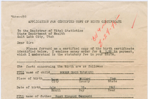 Application for Certified Copy of Birth Certificate (ddr-densho-410-24)