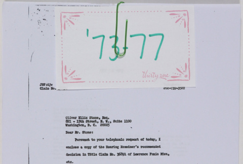 Correspondence with Rep. Spark Matsunaga concerning Miwa family claim (ddr-densho-437-28)