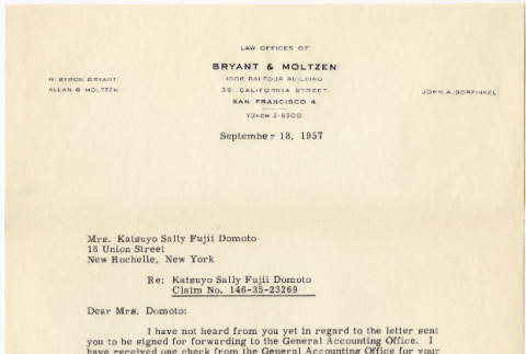 Letter to Sally Domoto from John Gorfinkel (ddr-densho-329-1240)