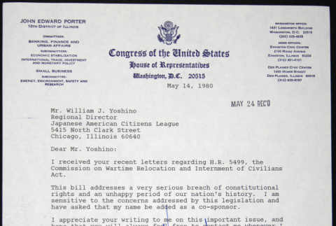 Letter to William Yoshino from John Porter (ddr-chijacl-1-361)