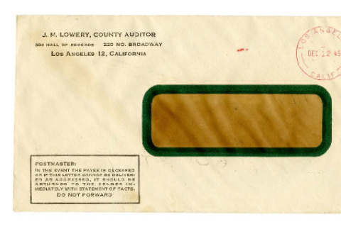 Envelope from J. M. Lowery, County Auditor to [Seiichi Okine], December 12, 1945 (ddr-csujad-5-197)