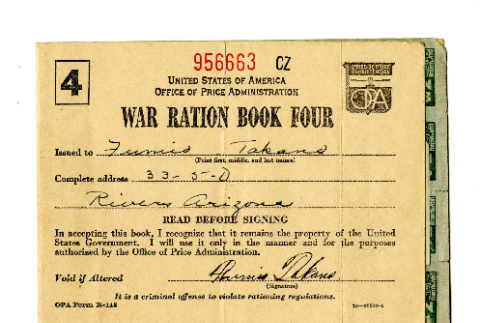 War ration book four, OPA form R-145, Fumio Takano (ddr-csujad-42-125)