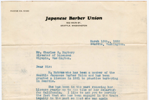 Letter from the Japanese Barber Union to the Director of Licenses (ddr-densho-381-159)