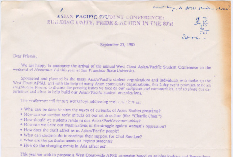 Letter to attendees of the 1980 Conference for the West Coast Asian Pacific Student Union (ddr-densho-444-171)