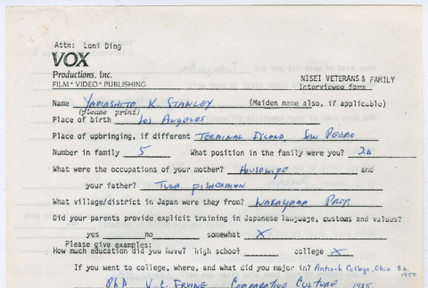 Kanshi Stanley Yamashita interviewee form and dissertation abstract (ddr-densho-1007-1126)