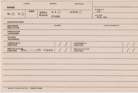 Blank evacuee index card for WCCA (Wartime Civil Control Administration) (ddr-densho-410-1)