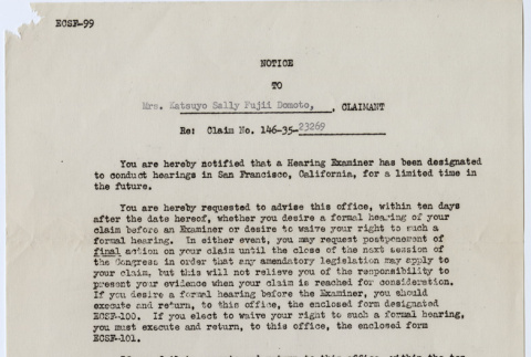 Notice to Claimant to Katsuyo Sally Fujii Domoto (ddr-densho-329-1232)