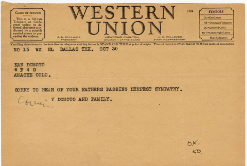 Western Union Telegram to Kaneji Domoto from Y. Domoto & Family (ddr-densho-329-653)